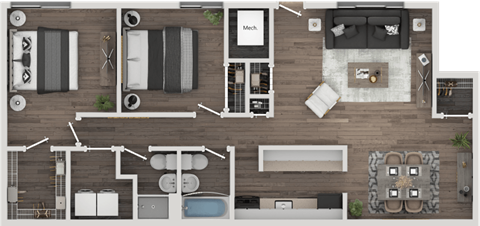 Floor plan for 2 beds, 2 baths, 1128 sqft